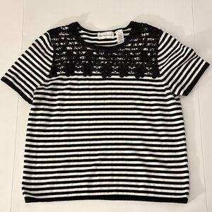 Alfred Dunner Black & White Striped Short Sleeve Top with Crochet Floral Yoke